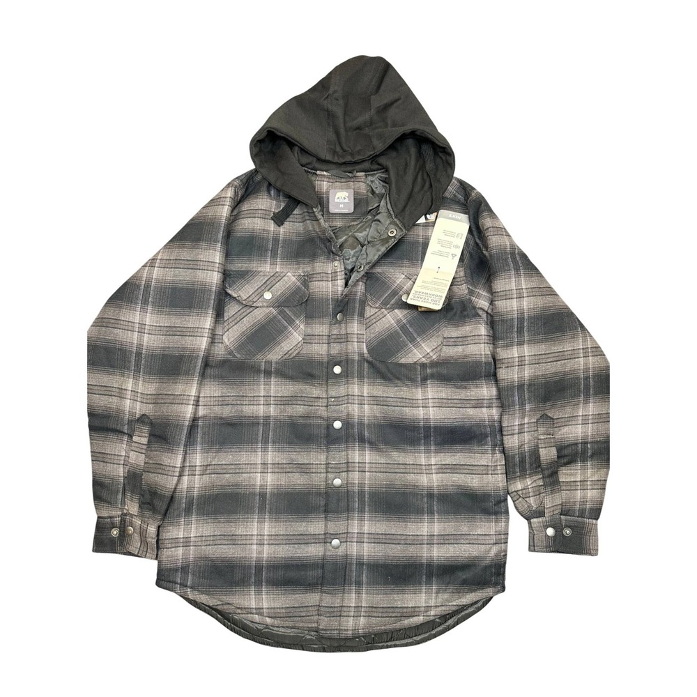 Berne Mens Plaid Hooded Flannel Shirt Jacket Grey Black Quilted Lining SH76PGK M